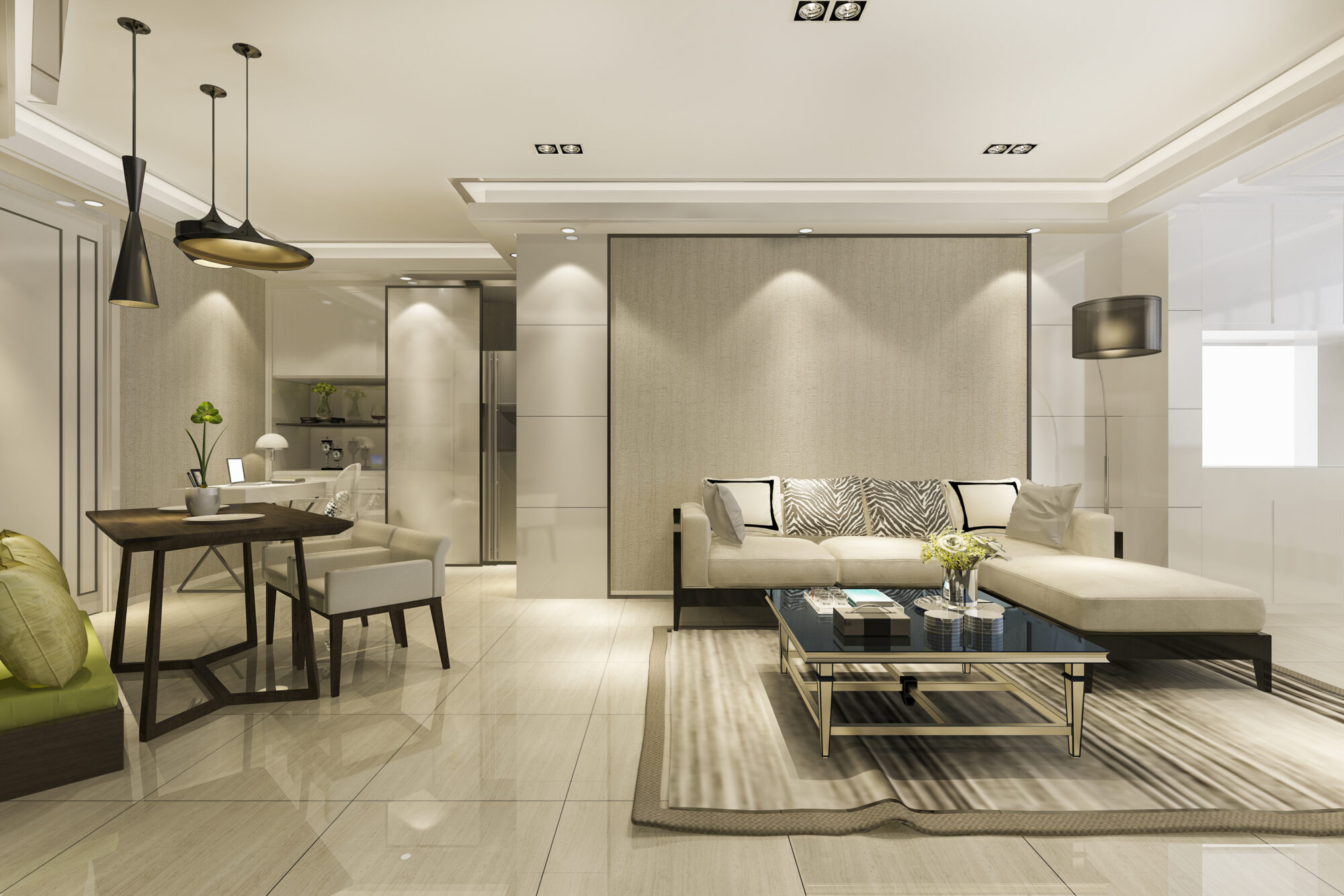 3d rendering modern dining room and living room with luxury decor