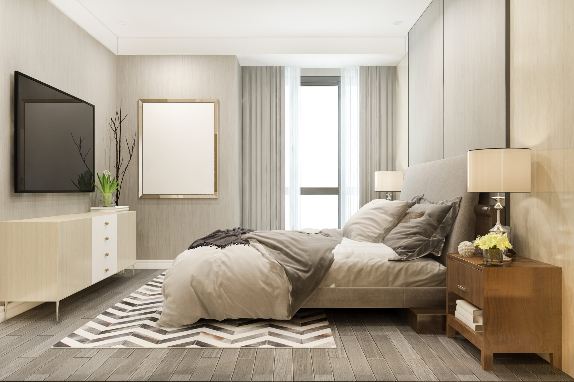 3d rendering  luxury modern bedroom suite in hotel with tv and cabinet