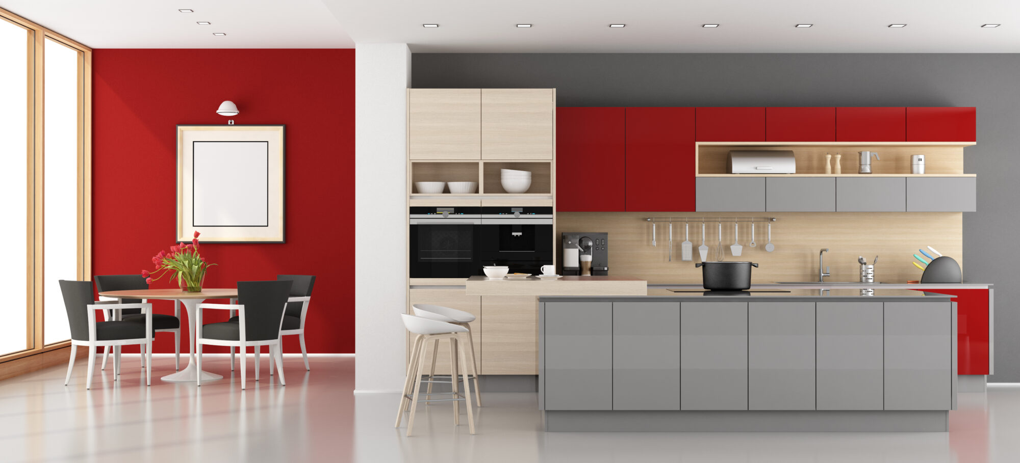 Red and gray modern kitchen with dining room - 3d rendering